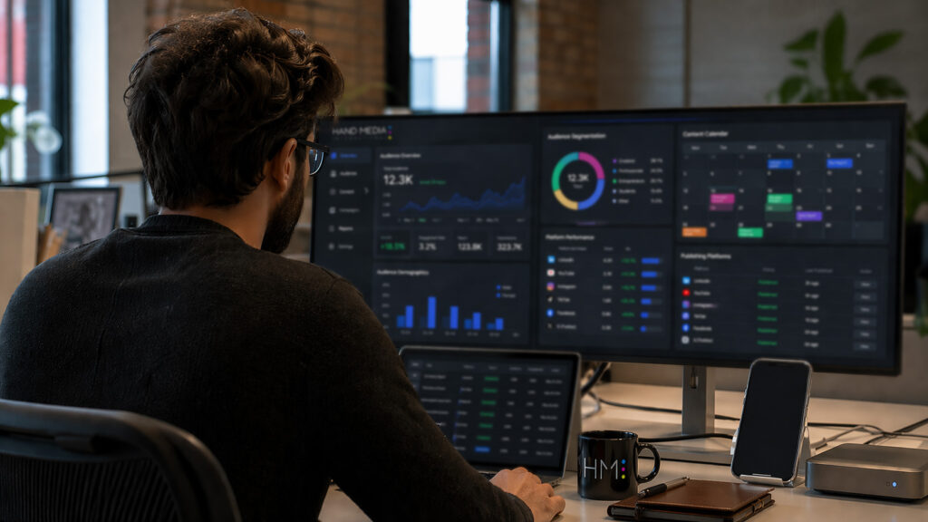 Person at computer screens processing data